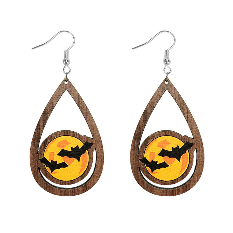 Wholesale Halloween Skeleton Pumpkin Witch Black Cat Spider Water Drop Hollow Wooden Earrings